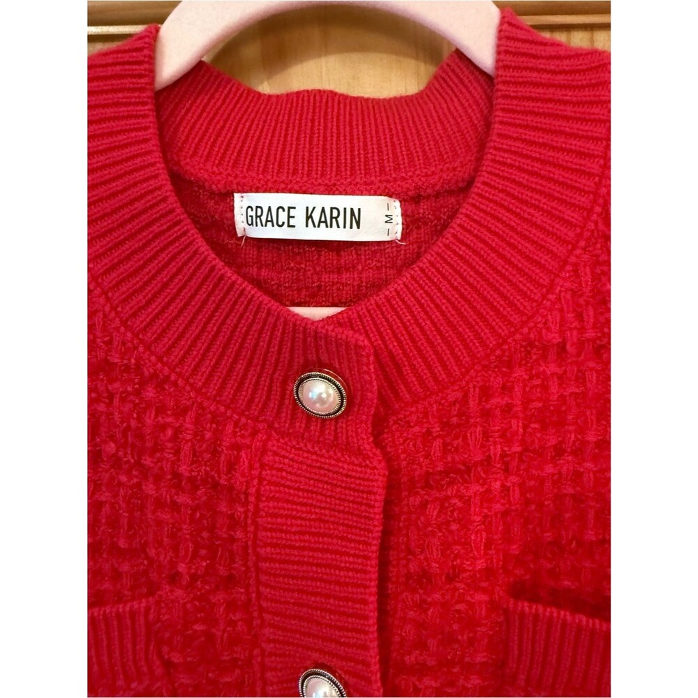 Grace Karin Red Textured Pearl Button Cardigan Coquette Glam M - Picture 4 of 7